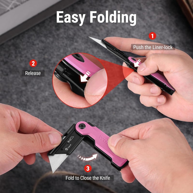 WORKPRO سكين متعددة الاستخدامات قابلة للطي مع 10 شفرات SK5 إضافية، سكين حلاقة حادة مع مقبض G10، قاطع صناديق بتغيير سريع مع مشبك حزام، للاستخدام الثقيل، DIY، المنزل، المكتب والفنون - وردي - Image 4